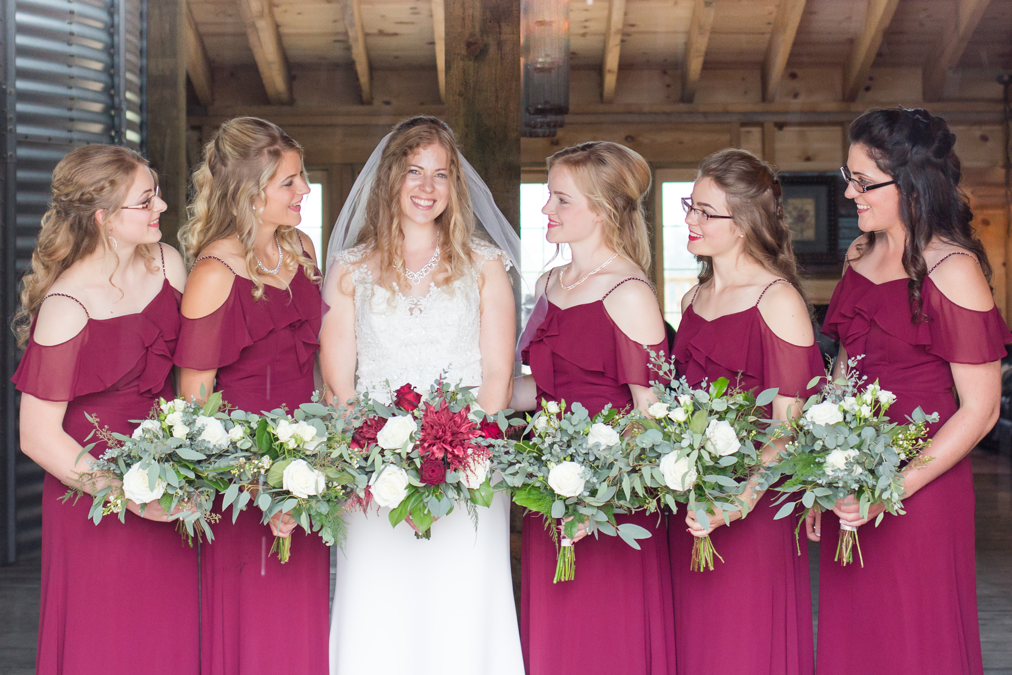 Wine Ruffled Bridesmaid Dresses - Karen Elise Photography