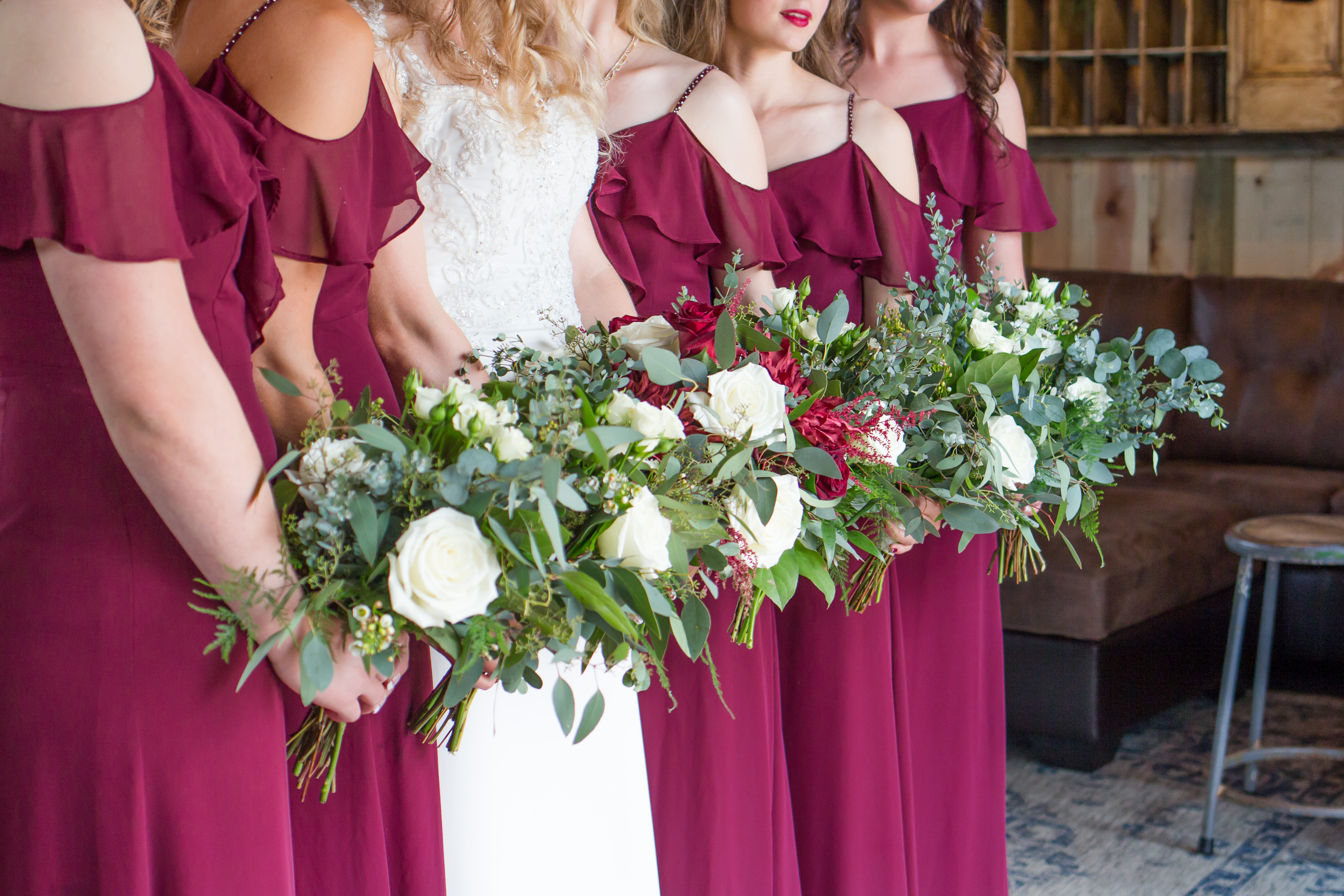 Wine and White Rose Wedding Flowers - Karen Elise Photography