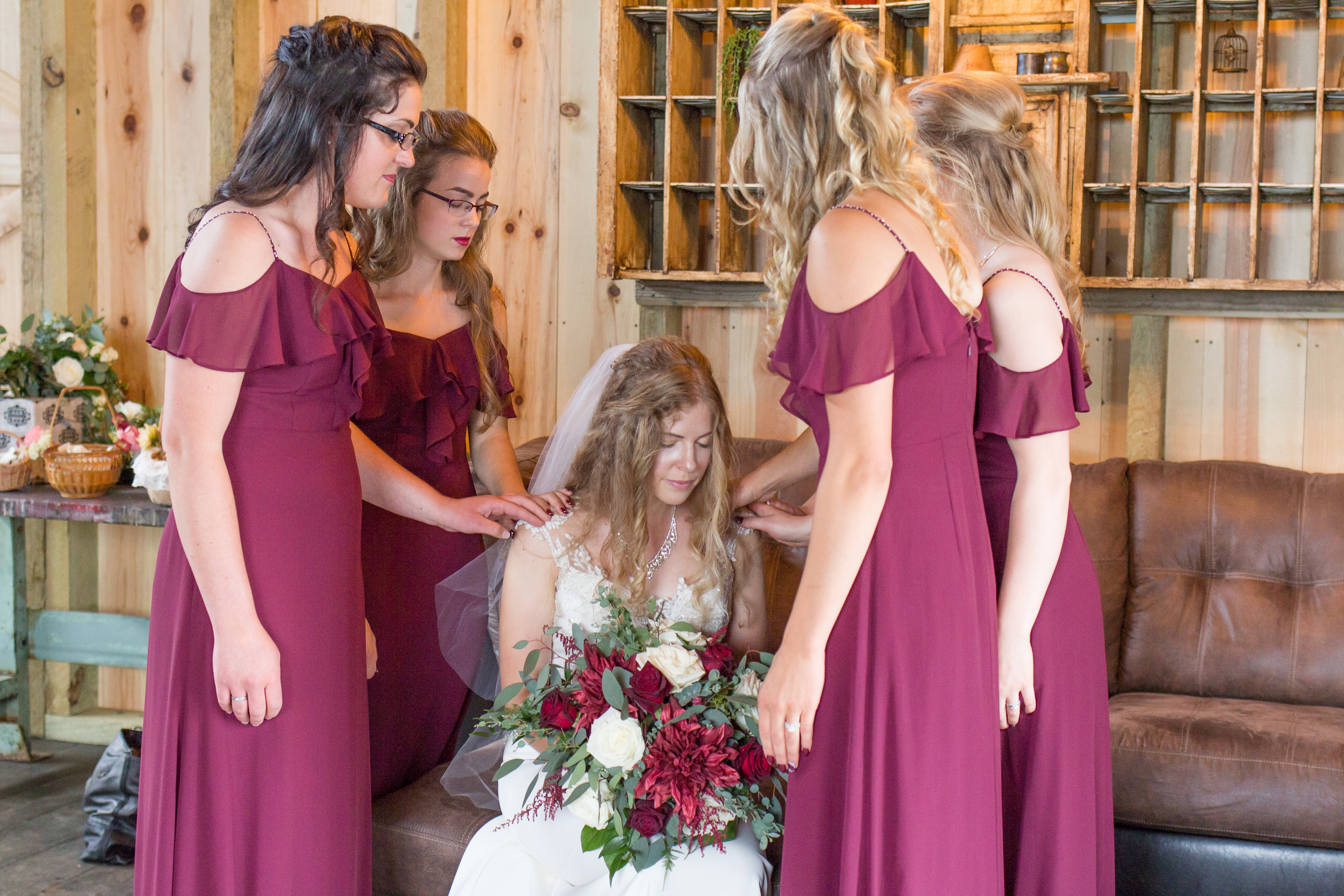 Bride and Bridesmaids at The Barn on Stoney Hill - Karen Elise Photography