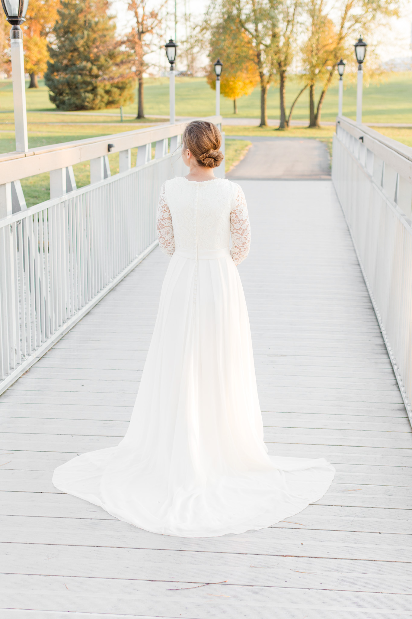 Modest chiffon wedding dress with train - Karen Elise Photography