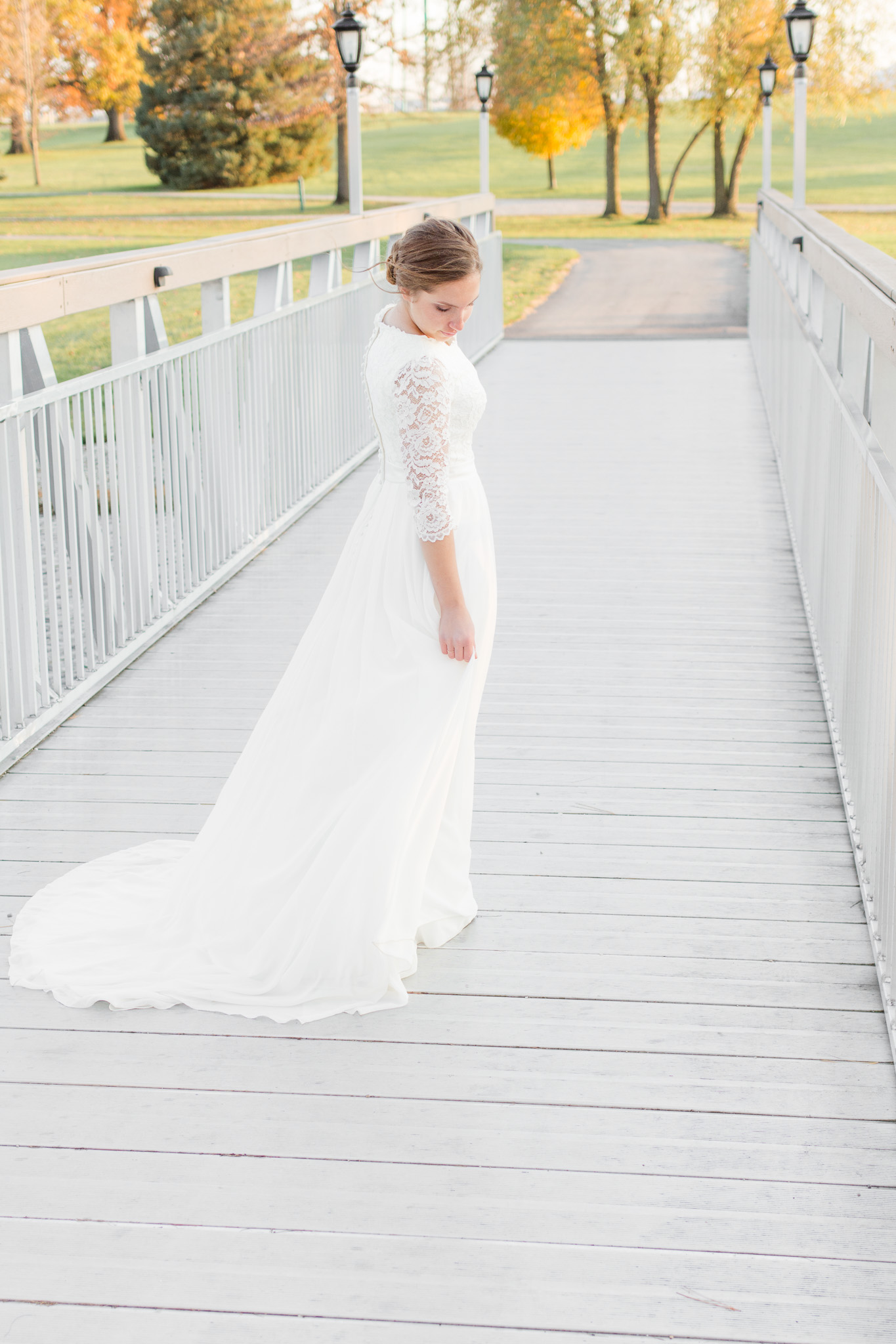 Modest chiffon wedding dress with train - Karen Elise Photography