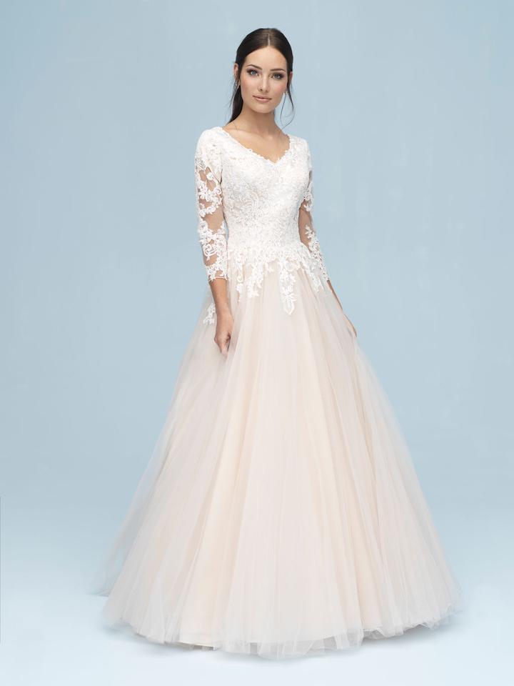 Blush Modest Lace Long Sleeved A-Line Wedding Dress | Allure Modest