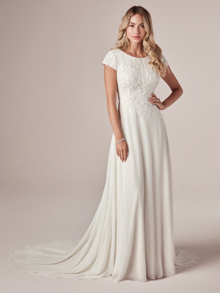 Modest Short Sleeve Sheath Wedding Dress | Rebecca Ingram